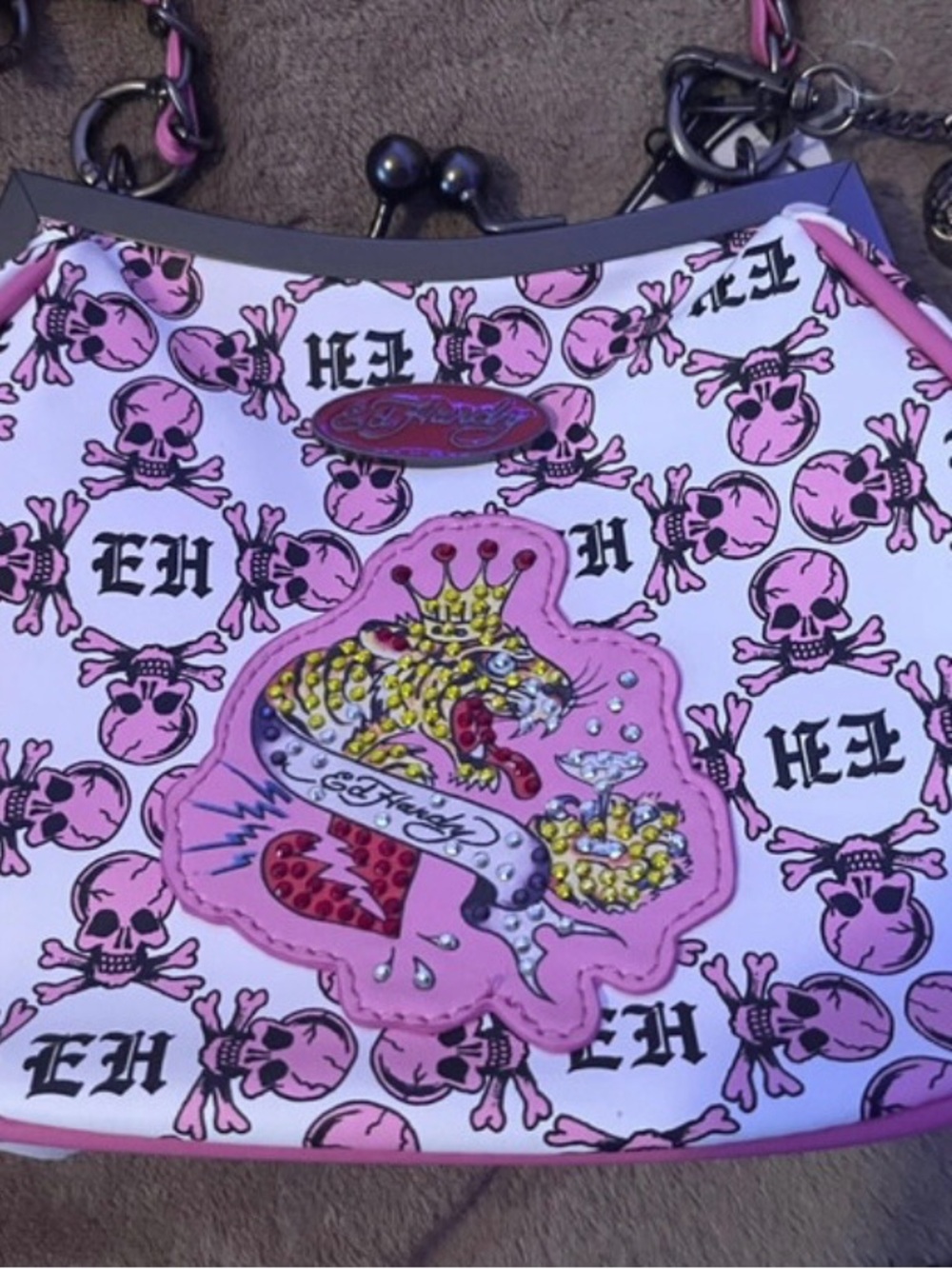 Ed Hardy Pink and White Skull-Print Shoulder Bag with Rhinestone Tiger Patch
